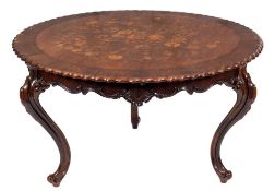 A Victorian carved rosewood and floral marquetry circular centre table:,
