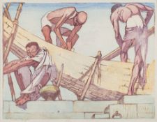 Mabel Alington Royds [1874-1941]- Boat-builders,:- woodcut in colours,