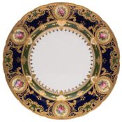 A Royal Crown Derby porcelain cabinet plate painted by Charles Harris: the rim painted with six
