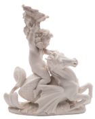 A Minton parian group of the infant Neptune holding a conch shell and riding a hippocampus: