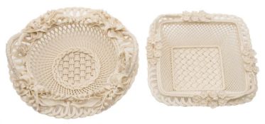 Two Belleek baskets: one of circular three-strand shape, the other four-strand square form,