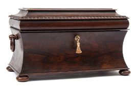 A William IV period rosewood tea caddy: of sarcophagus outline,