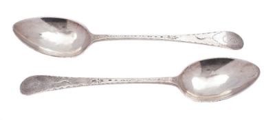 A pair of George III provincial silver Old English pattern table spoons, maker Richard Ferris,