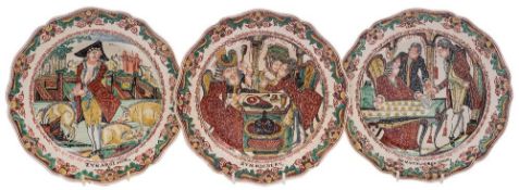 A set of six Dutch decorated English creamware plates: probably Leeds, of silver shape,