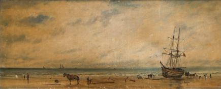 Adolphe Ragon [19/20th Century]- Low tide, a busy beach scene,:- signed, oil on canvas, 40 x 100cm.