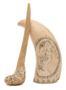 A scrimshaw decorated tooth: incised with an erotic scene of a man and a mermaid within a geometric