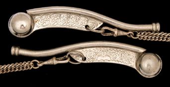 Two early 20th century silver plated boson's whistles on chain,