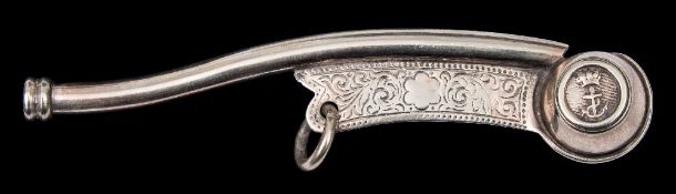 A silver bosun's whistle: with engraved vane and foul anchor decorated barrel, 10cm long.
