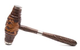 A late 19th century carved oak and white metal mounted launching mallet for the 'SS Benacre',