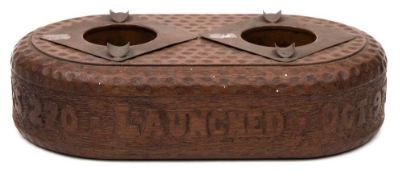 A carved wood launch commemorative ashtray for the Royal Navy MMS I Class Motor Minesweeper J 270:,