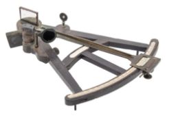 A 13 inch vernier ebony octant:, unsigned, with ivory name plaque and arc calibrated to 95°,