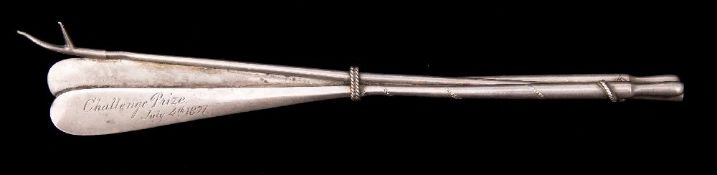A Victorian sterling silver rowing prize:, in the form of a pair of oars and a boat hook,