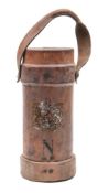 A leather cordite bucket: with armorial transfer decoration and stamped 'N' beneath,