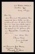A handwritten letter to F E C Davies from James A Cook (secretary) to Sir Ernest Shackleton