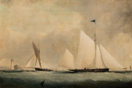 British School 19th Century- Racing yachts rounding a lighthouse,:- oil on canvas, 34 x 52cm.