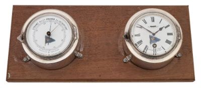 A late Victorian silver plated bulkhead clock by S Benzie, Cowes and matching bulkhead barometer:,