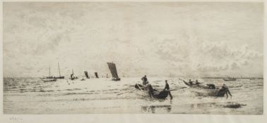 William Lionel Wyllie [1851-1931]- Cobles at Newbiggin, Northumberland,:- etching,