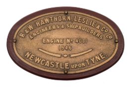 HMS Triumph (R16) an oval brass engine plate, 1946:, by R and W Hawthorn, Leslie & Co,