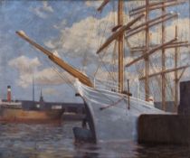 British School 20th Century- Four-master Beatrice moored in a harbour,:- oil on canvas, 50 x 60cm.