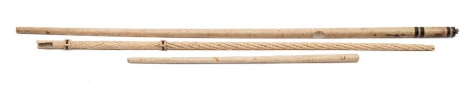 Three sections of 19th century marine ivory walking canes:, one with ropetwist shaft,