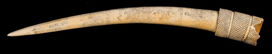 A scrimshaw decorated tusk:, incised from the base upwards with panels depicting stages of slavery,