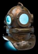 A Russian three bolt helium re-breather diving helmet:, the bonnet with handle to the top,