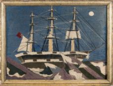 A 19th century woolwork of a ship on a rocky coastline:,