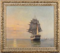 Attributed to Else Pauls [1886-1980]- Sunset, three-master in a calm bay,:- signed, oil on canvas,