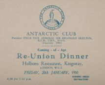An Antarctic Club invitation to a 'Coming-of-age re-union dinner, Holborn Restaurant, London,
