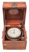 A Russian two day marine chronometer:, the silvered dial with arabic numerals,