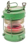 An over painted galvanised ship's top lamp:, in green with red lens,