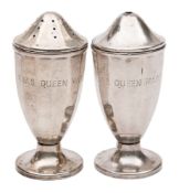 A pair of silver urn shaped cruets from RMS Queen Mary , by Joseph Gloster Ltd, Birmingham 1935:,