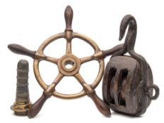 A teak and brass emergency helm:, 35 cm,