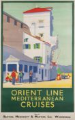 An 'Orient Line Mediterranean Cruises' advertising poster of a village scene.