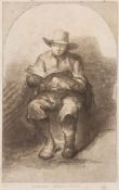 FERDINAND LEFTMAN [fl.1873-1890] after Rembrandt - Man reading a book,:-etching, image 15.5 x 10cm.