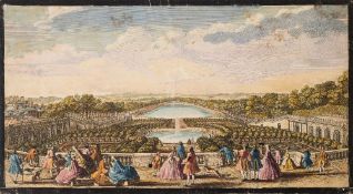 VUE DU OPTIQUE : Versailles - Three hand coloured copper engravings, 420 x 230 mm, J.