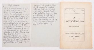LEACH, Bernard & HAMADA, Shoji : 2 page manuscript copy in the hand of Bernard Leach,