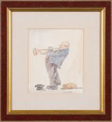 Mary Hall: An amusing study of a busking trombonist with dog at his feet, wash drawing, 17cm x 14.