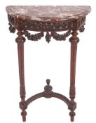 A French carved walnut demi lune pier table:, with a rouge variegated moulded marble top,