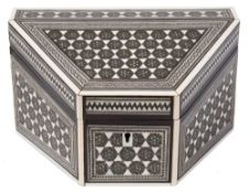 An Indian sadeli ware stationery box: of canted triangular form,