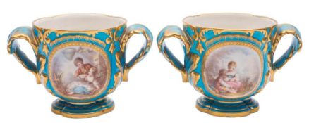 A pair of Sevres-style glass/bottle coolers: with acanthus leaf handles,