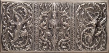 A Burmese silver cigarette box: of rectangular outline,