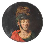 A 19th century papier mache snuff box: the circular lid decorated with a figure in Roman armour,