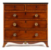 A Georgian style mahogany and ebony strung miniature apprentice's chest: containing two short and