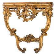 A 19th century French carved giltwood serpentine console table: with a yellow variegated marble top,