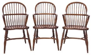 A set of three elm, ash and beech stick back Windsor elbow chairs in the 19th Century style:,