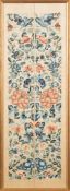 A pair of Chinese silkwork sleeve bands: with flowerhead and floral decoration worked in coloured