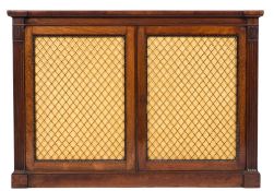A late Regency rosewood chiffonier: with crossbanded top enclosed by a pair of brass lattice and