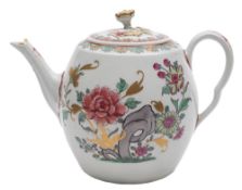 A rare First Period Worcester famille rose teapot and cover: of barrel shape with fluted spout,