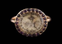 A Georgian memorial sepia ring: the oval mount depicting picture of an urn above initial 'P',